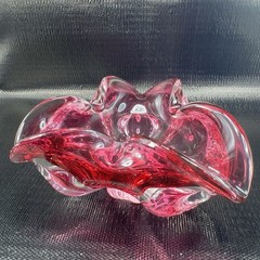 Hand Blown Bohemian Cranberry Art Glass Dish Bowl Folded Edges Original Sticker