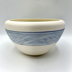 Signed Pottery Bowl Cream Stoneware w/ Blue Slip Woven Band In Coastal Style