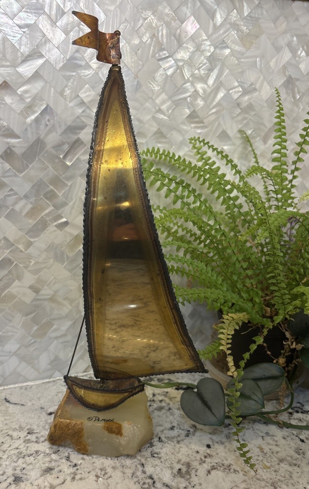 Handcrafted John DeMott Brass Sailboat on Onyx? Base Nautical Sculpture Ocean