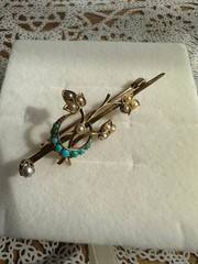 British 10k Antique Brooch Shamrock & Turquoise Moon Edwardian Style
