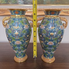Pair Chinese Cloisonné Enamel Brass Floral Vases Blue Dragon Handle Vintage