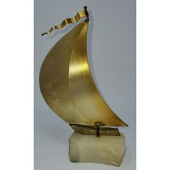 VTG John Demott Signed Mid Century Brass Sailboat Sculpture Onyx Quartz Base 8″