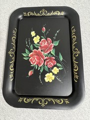 Vintage Black Metal Serving Trays Set of 6 Hand Painted Floral Rose Toleware Art