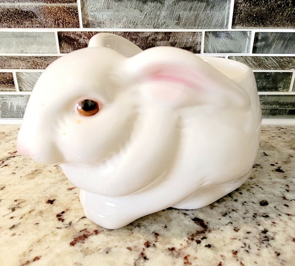 Pink and White Hand Painted Brazil Ceramic Avon Easter Bunny Planter Cute!