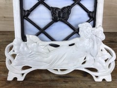 Vintage ART NOUVEAU HEAVY Figural Painted Cast Iron Easel Stained Glass Panel