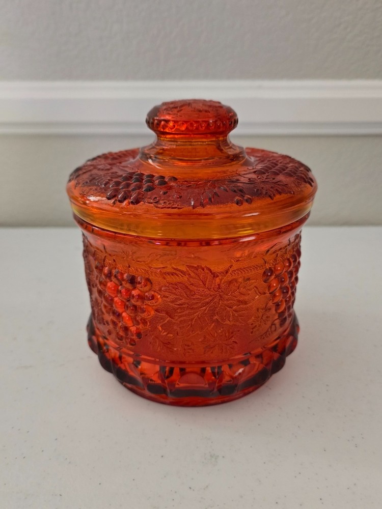 Orange Grapevine Pattern Lidded Candy Dish Vintage -Excellent Condition 10″ x 5″