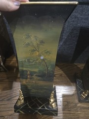 Vintage French Ormolu Style Hand Painted Pair Of Footed Tole Cachepots