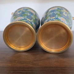 Pair Chinese Cloisonné Enamel Brass Floral Vases Blue Dragon Handle Vintage