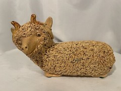 Vintage Spaghetti Pottery Lamb Ram Sculpture Figurine Poland Signed SET of 2