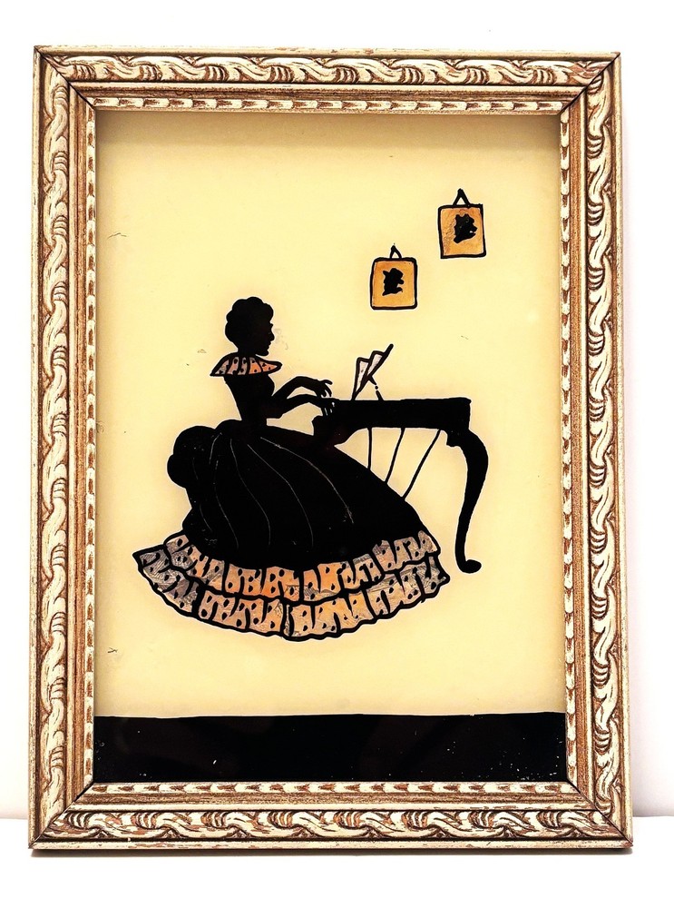 1940’s Painted Silhouette on Glass Woman Playing Piano – two color