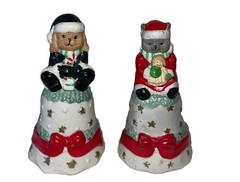 2 Vintage Ceramic Cat Dog Christmas Bells Figurines ￼