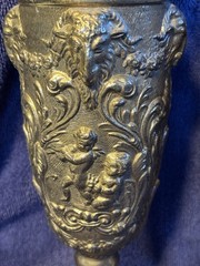 Italian PELTRATO 90% Pewter Art Nouveau Cherub Goat Ewer-Antique SET Of 2 Lg