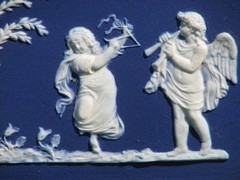 WEDGWOOD LIKE RARE DARK BLUE DIP PLAQUE OF CUPIDS & BOY TAMBORINE, GIRL TRIANGLE