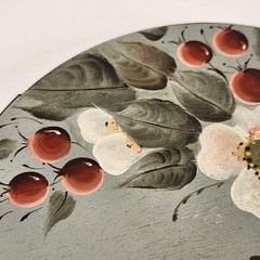 2 VTG Hand Painted Round Wood Lid Dogwood Berries Chickadee Bird Farmhouse Decor