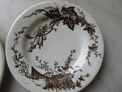 2 Vintage WHITE BROWN Transferware PLATES & TEAPOT Birds & Branches CRAZING