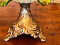 RARE Antique 1860 Craquelle Overshot Art Nouveau Green Bowl On Metal Base