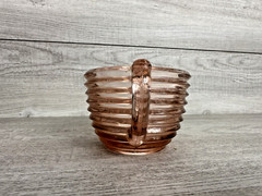 Vintage Unbranded Pink Ribbed Glass Candy Dish Oval Shape Double Handle