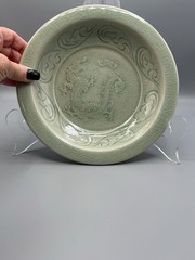 Celadon Crackle Glaze Dragon Plate Chinese Style Relief Green Dish