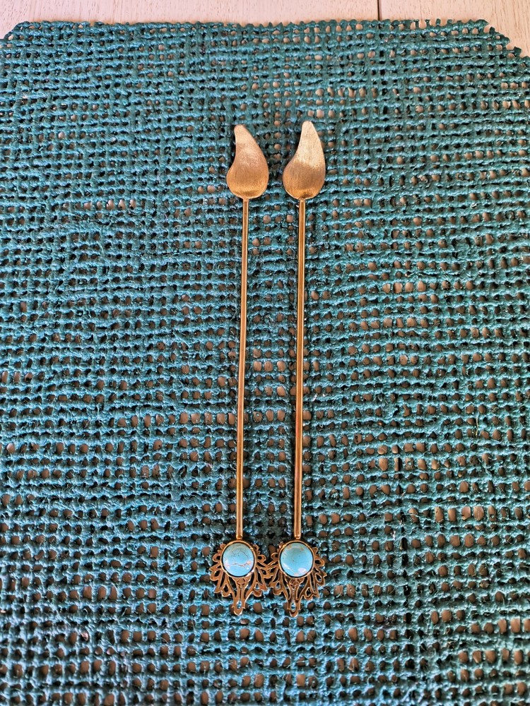 A pair of Bronze Decorative 8″ Spoon with Genuine Persian Turquoise Inlay.