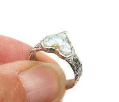 Roman Glass Sterling Silver 925 Heart Ring Ancient Bluish Fragment 200 B.C Size7
