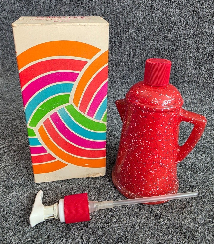 Avon Country Style Coffee Pot Lotion Dispenser Red Speckled Design 10oz Box Vtg