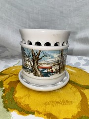 Made In Brazil Ceramic Potpourri Jar Scenic Winter Landscape Covered Dish 3.5 In
