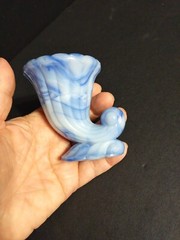 VINTAGE 3 AKRO AGATE Blue Slag Glass Leaf, Shell & Corncopia Shape
