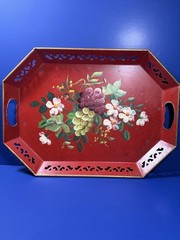 Vintage Hand‑Painted Metal Tray – Nashco Style – Red Floral & Fruit Design