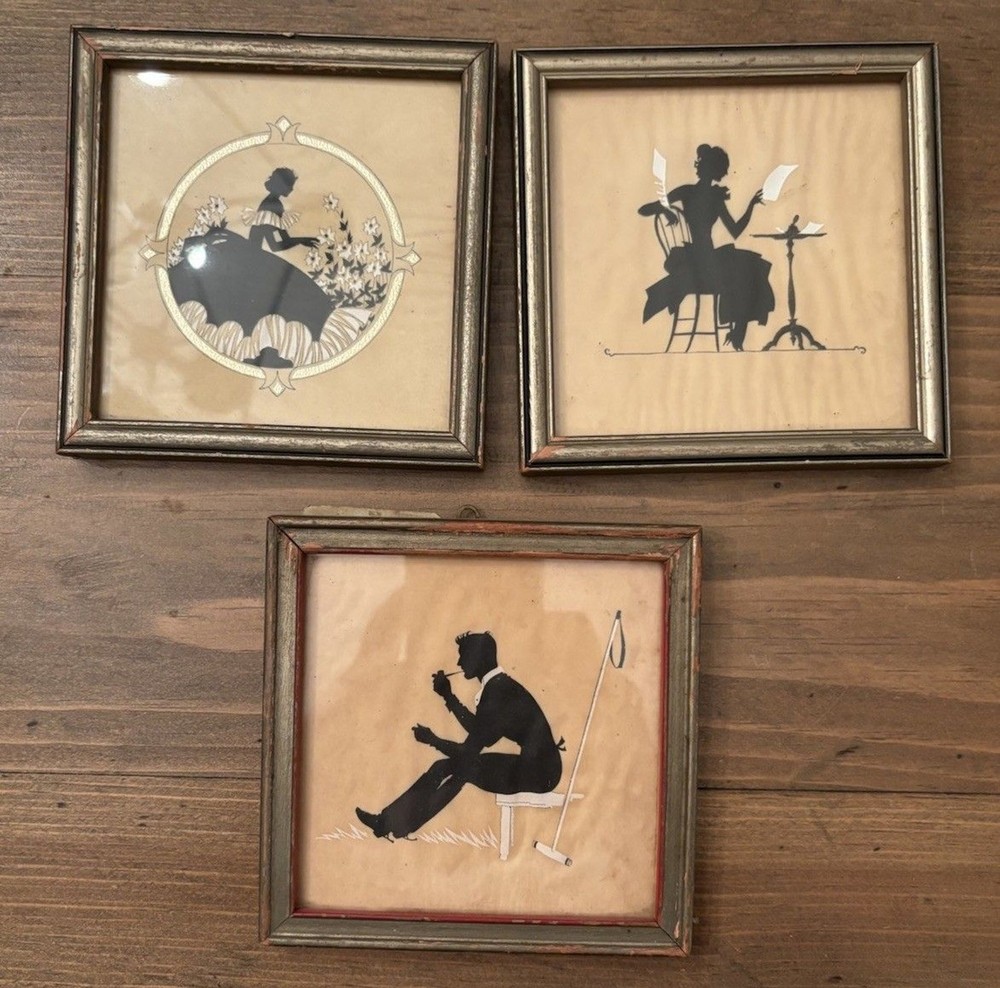 BUZZA COMPANY 1920s VICTORIAN SILHOUETTE VINTAGE LOT OF 3 CRAFTACRES FRAMED 4X4
