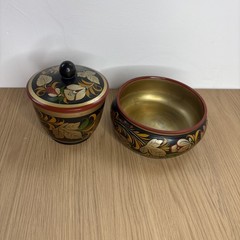 Russian Khokhloma wood Bowl Lid Pot, traditional hand-painted floral motifs Gold
