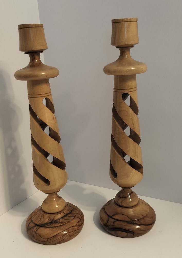 Hand Carved Olive Wood Spiral Candle Holders Pair Holy Land Barley Twist