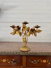 LARGE MID-CENTURY ITALIAN FLORENTINE TOLE GILT ROSES CANDELABRA 12”