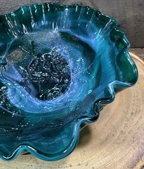 Vtg Imperial Glass GREEN SWIRL ROSE FLORAL Footed Bowl Compote Ruffled Rim