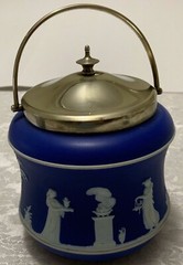 Wedgwood Jasperware Biscuit Barrel Antique Classic Edwardian Dark Blue EPNS Lid