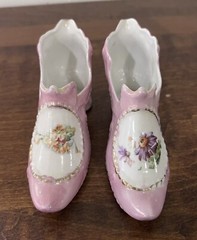 2 Antique 1868 Porcelain Slippers Victorian Edwardian Gold Trim Hand Painted PJF