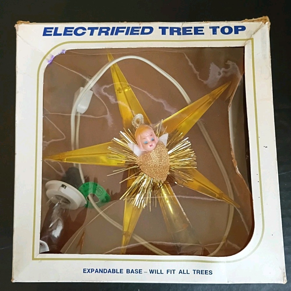 Vintage Jewelbrite Electrified Tree Topper Star with Tinsel Angel Plastic