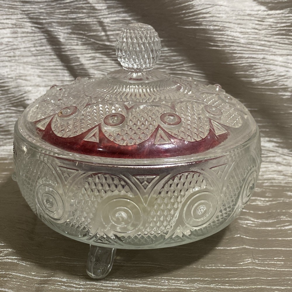 Vintage Avon Pressed Glass Round Footed Powder Trinket Candy Dish w/Lid & Powder