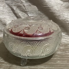 Vintage Avon Pressed Glass Round Footed Powder Trinket Candy Dish w/Lid & Powder
