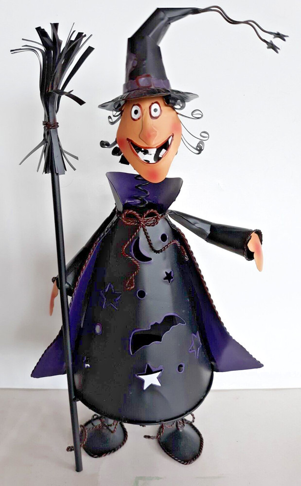 15″ tall Halloween tin metal tea light witch with broom bobblehead