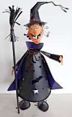 15″ tall Halloween tin metal tea light witch with broom bobblehead