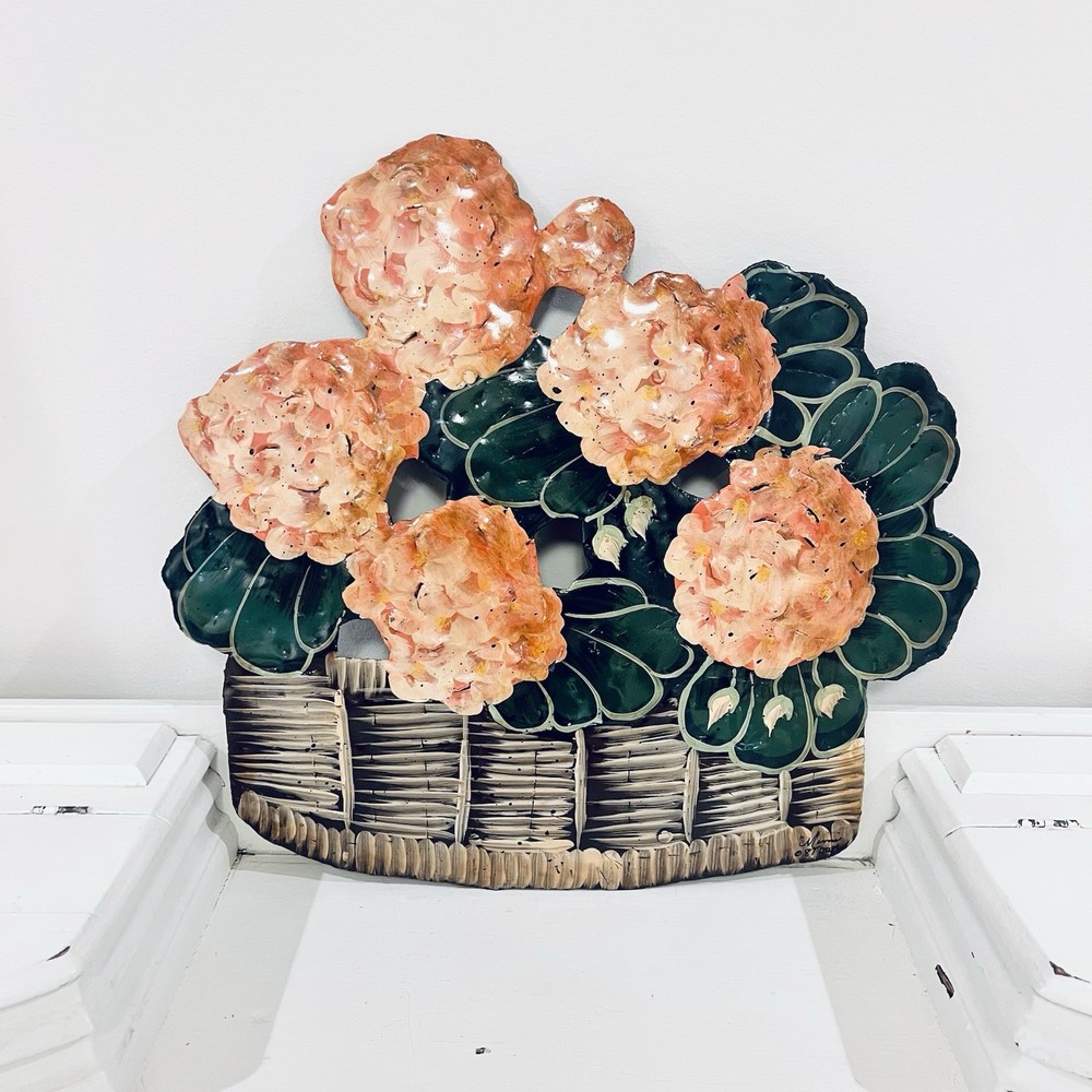 French Cottage Vtg Handpainted Toleware Metal Botanical Floral Basket Wall 16”