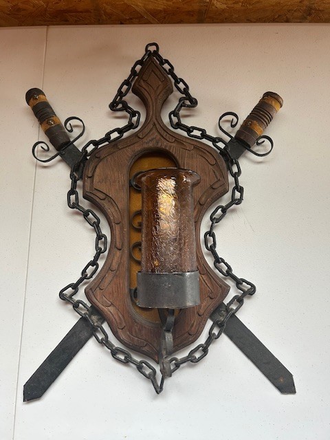 Vintage Medieval Gothic Metal Scroll with Swords, Chains, Candle Wall Hanging