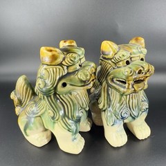 Vintage 1980s Ceramic Majolica Green Foo Dogs Set 2 Shishi Lions Good Luck vtg