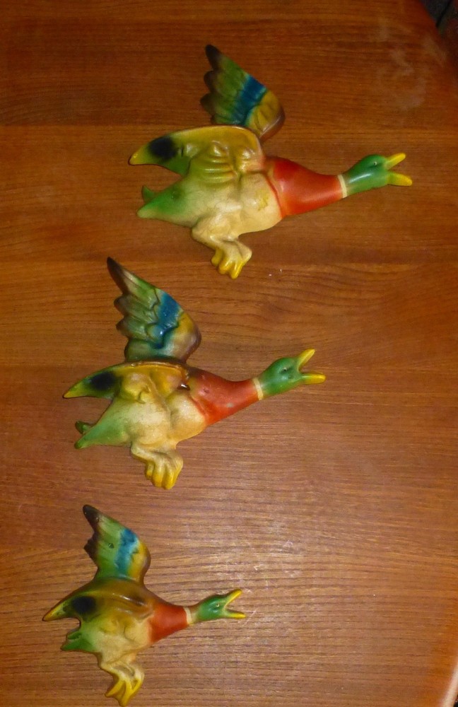 Rare Vintage Parkside Cast Metal Hand Painted Flying Ducks Set Made in England