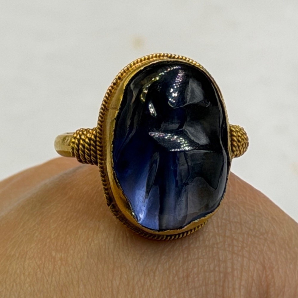 Stunning Ancient Roman Solid High Karat Gold Ring With Unique Blue Stone