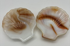 2 Akro Agate Clam Shell Brown & Opaque White Swirl Glass Trinket Dish Ashtray