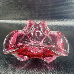 Hand Blown Bohemian Cranberry Art Glass Dish Bowl Folded Edges Original Sticker