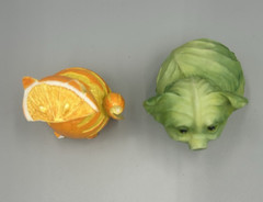 Set of 2 Enesco Home Grown Orange Tabby Cat & Green Cabbage Pig Figurines No Box