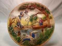 Vintage 1975 Duck Hunter In Boat Hobbiest Painted Plate Signed