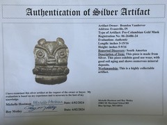 RARE AUTHENTIC PRE-COLUMBIAN SILVER HUMAN EFFIGY MASK W/ COA, SOUTH AMERICA